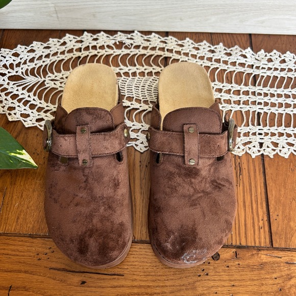 American Eagle Brown Suede Platform Clogs Mens 8 Womens 10 Buckle Mules Boho - Picture 4 of 8